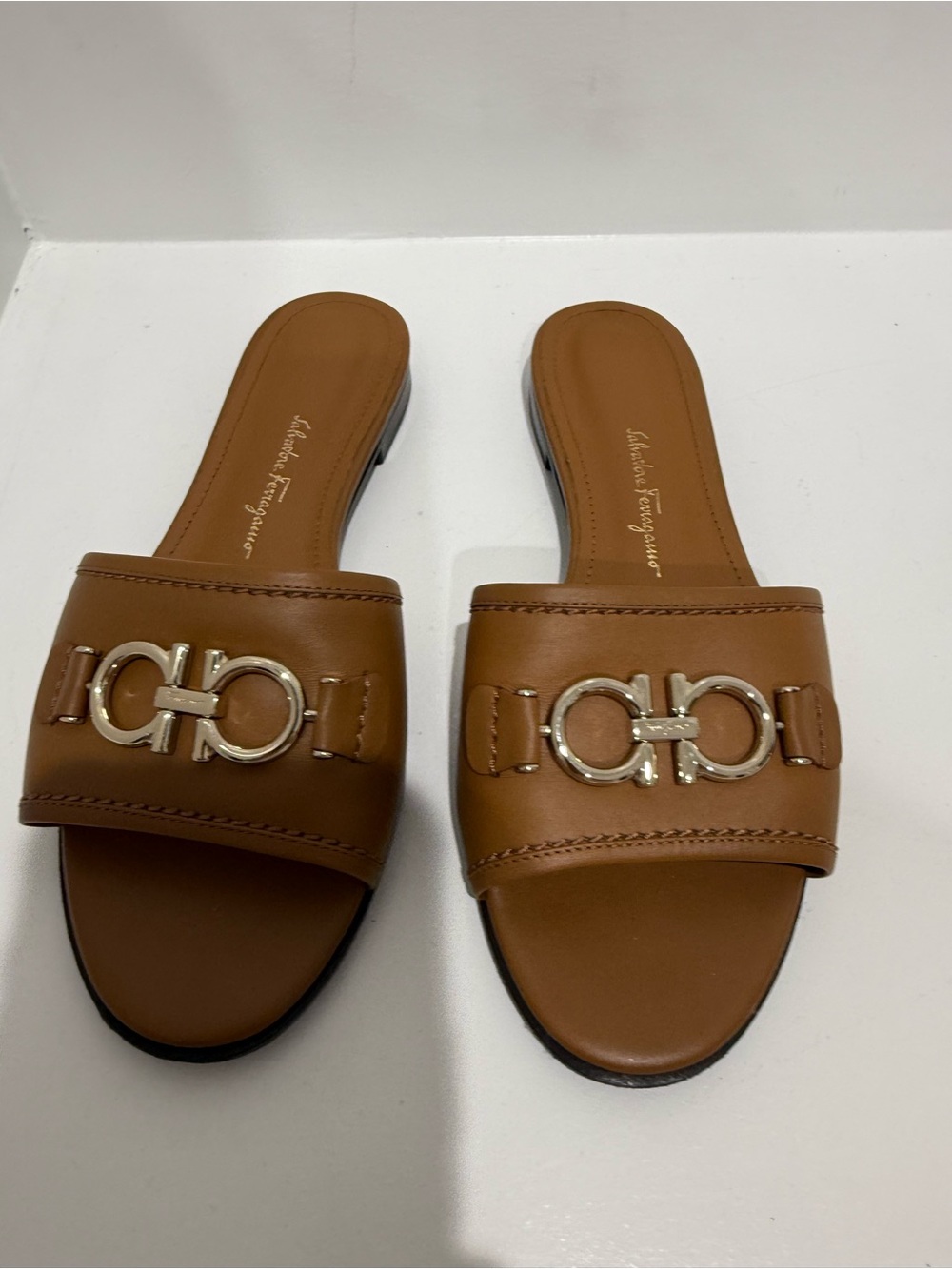 Salvatore Ferragamo Brown Leather Gancini Slide Sandals